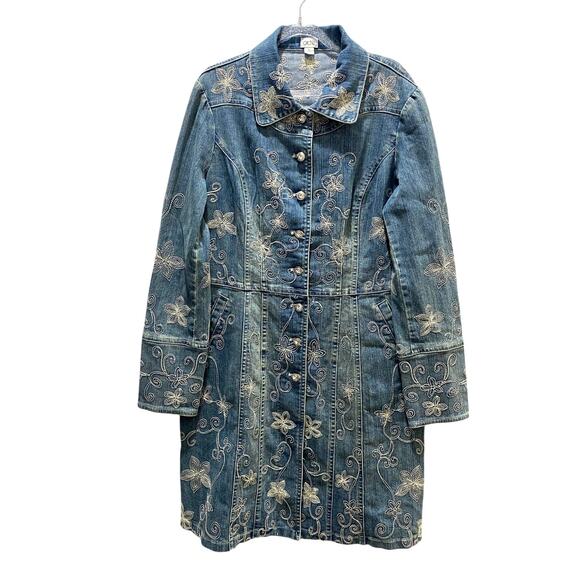 Cache Woman Long Jean Jacket dress Vitg Blue Denim Light Wash 90s Y2K L - Picture 1 of 11